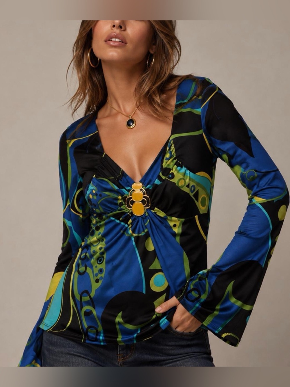 Bisou Bisou Y2K Top Small Blue Psychedelic Abstract Art Bell Sleeve Tunic Fairy